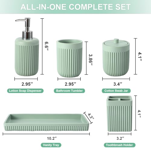 XLHOMO Resin Light Green Bathroom Accessories Set 5 Pcs, Lotion Soap Dispenser, Toothbrush Holder, Bathroom Tumbler, Qtip Holder and Vanity Tray, Bathroom Countertop Organizer Set for Modern Apartment - color: Green, size: Resin Bath Set