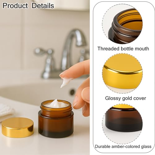 4 Packs 15ml/0.5Oz Amber Glass Cream Jars with Gold Lid Small Cosmetic Containers Refillable Skincare Travel Sample Jars for Face Cream, Balm, Lotion, Salve