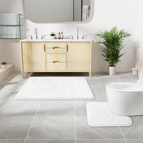 LOCHAS Bathroom Rugs Sets 2 Piece, Soft Non Slip Bath Mat Set, 20''x20'' U-Shaped Toilet Rug and 34''x21'' White Bath Rugs, Washable Absorbent Chenille Toilet Rug Set for Bathroom, Shower, Sink - color: White