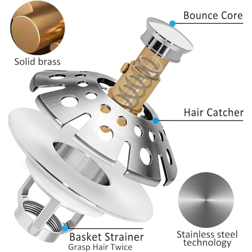 AzWzz Bathroom Sink Drain Strainer, 3 in 1 Pop Up Bathroom Sink Stopper Plug with Hair Catcher Cover, Universal for 1.06 in to 1.6 in Sink Drain, Brushed Nickel - color: Brushed Nickel, style: Bathroom Sink Stopper with Hair Catcher