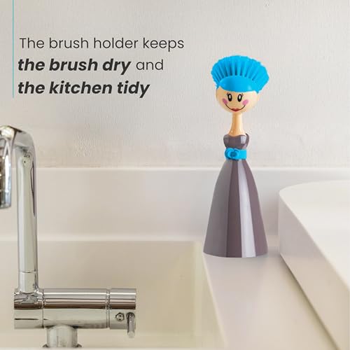 Vigar Dolls Dish Brush with Handle and Holder - Dish Scrubber Brush for Dishes and Pans, Kitchen Scrub Brush, Dishwashing Brush for Kitchen Sink Cleaning, Cute Standing Dish Brush Design - Gray, Blue - color: Gray, Blue