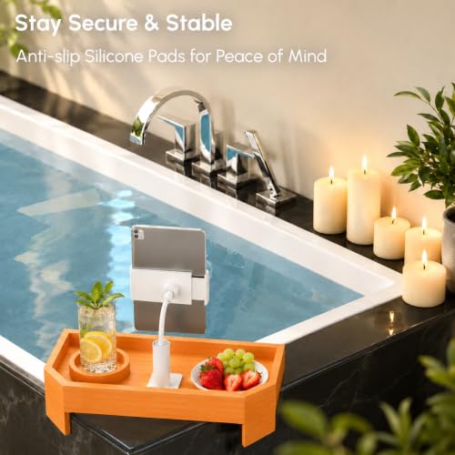 Vespara Bamboo Hot Tub Tray Table with Adjustable Phone Holder, Non Slip Hot Tub Table Spa Gifts for Women, Bathtub Canddy Tray with Wine Glass Holder Tray for Luxury Bathtub& Bathroom Accessories - color: Bamboo