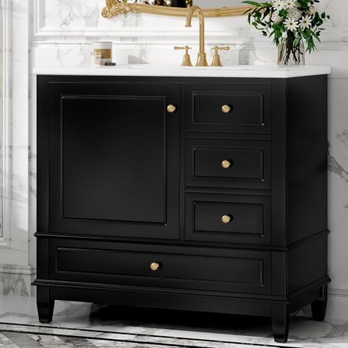 Linique 36" Modern Bathroom Vanity with Sink Combo Set, Solid Wood Frame Bathroom Storage Cabinet with 3 Drawers, Soft Closing Cabinet Door with Organizer, Black - color: Black, size: 36"/ Door with Organizer