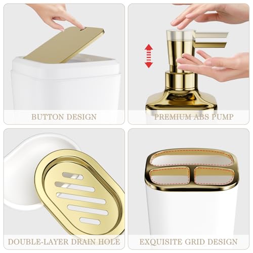 Bathroom Set - 11PC Bathroom Accessory Set, Bathroom Accessories Set, White Bathroom Set, Push-lid Trash Can, 3PC Soap Dispensers, Toilet Brush & Q-tip Holders - color: White & Gold, size: Bath Set