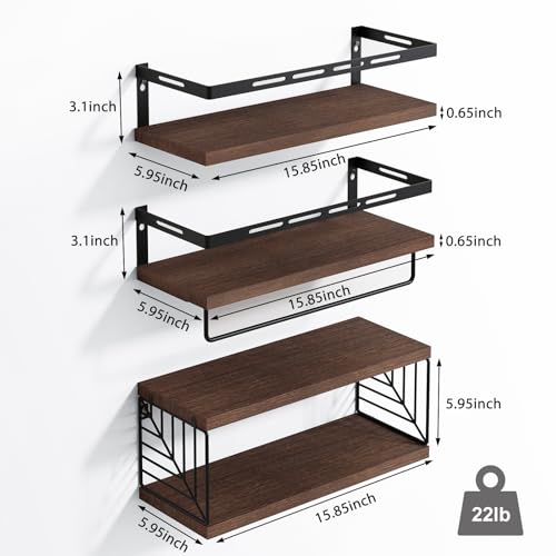 Fixwal Wall Mounted Bathroom Shelves Over Toilet, Rustic Wood Floating Shelves with Metal Frame and Towel Bar for Bathroom, Kitchen, Bedroom, Living Room (3 Plus 1 Dark Brown) - color: 6-dark Brown