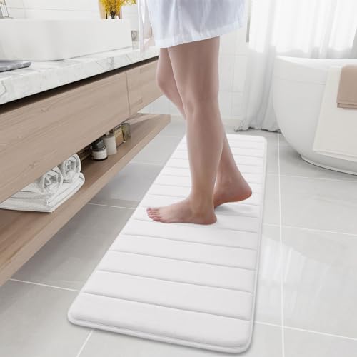 Buganda Memory Foam Bath Mat, 59" x 17", Ultra Soft Bathroom Rugs, Water Absorbent and Machine Washable Bath Rug Runner for Bathroom, Shower, and Tub, White - color: White, size: 59" X 17"