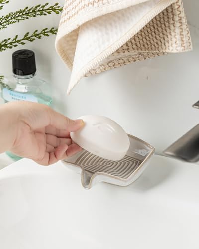 Soap Dishes, Ceramic Shower Soap Dish with Waterfall Design Bar Soap Holder Self Draining Soap Saver for Shower, Bathroom, Sink, Kitchen and Countertop, Beige White - color: Beige White, size: Rectangular