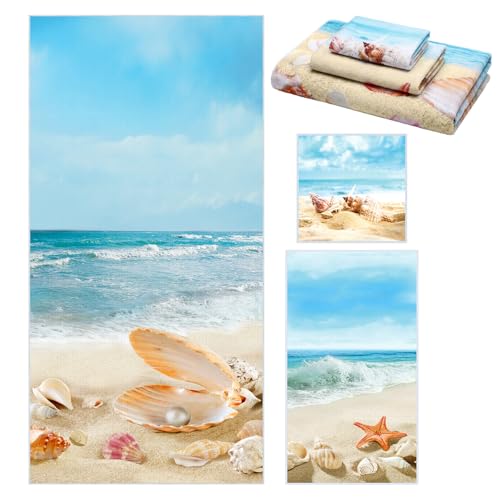 Moukeren Set of 3 Beach Bath Towels Coastal Ocean Bath Towel Hand Towels and Washcloth Soft Shell Conch Starfish Sea Nautical Decorative Towel Summer Gifts for Farmhouse Bathroom Kitchen - style: Beach