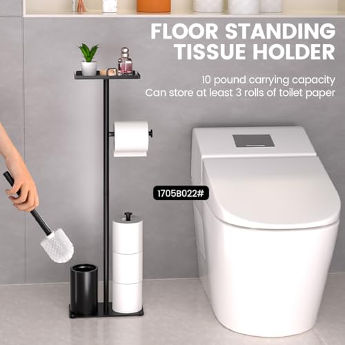 Modern Bathroom Toilet Paper Holder Stand, Black Metal, with Storage Shelf, Brush Holder, 3-Roll Storage, Freestanding Design