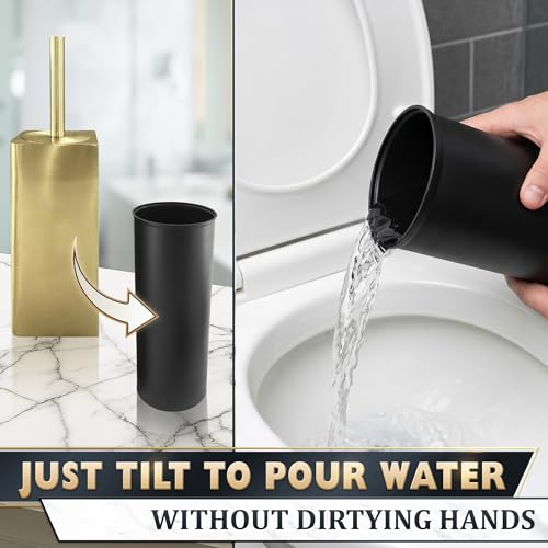 Gold Toilet Brush and Holder Set - Instantly Elevate Your Bathroom Style - Stainless Steel Toilet Bowl Brush and Holder with 2 Rounded Corners, Replaceable Head, Removable Inner Bowl & Splash Guard - color: Gold Squircle