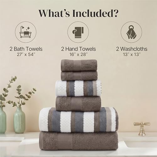 Modern Threads Pax 6-Piece Reversible Yarn Dyed Jacquard Towel Set - Bath Towels, Hand Towels, & Washcloths - Super Absorbent & Quick Dry - 100% Combed Cotton, Khaki - color: Brown, style: Wide Stripe