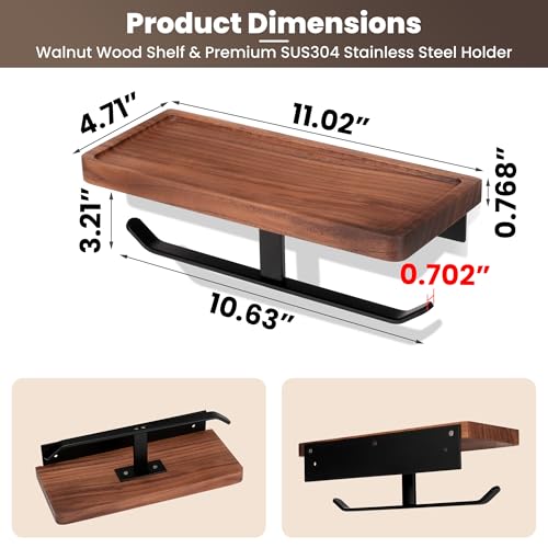 Double Toilet Paper Holder with Walnut Wood Shelf - Wall Mount & Self-Adhesive Bathroom Tissue Roll Holder, Black Stainless Steel with Walnut Shelf for Phone - Home Apartment Restroom - color: Walnut & Matte Black Double Hooks
