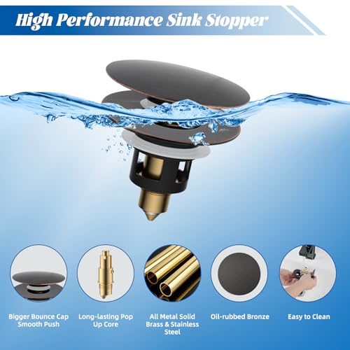 Hibbent All Metal 2 in 1 Bathroom Sink Stopper, Universal Pop Up Drain Strainer, Brass Bullet Core Push Type Stopper for 1.1''~2.3'' Basin, Big Push Button, Anti Clogging Filter, Oil-Rubbed Bronze - color: Oil-rubbed Bronze