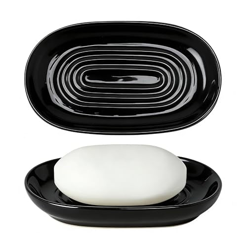 Black Soap Dish for Bathroom & Kitchen Sink – Ceramic Raised Center Keeps Soap Dry & Easy Clean, Heavy Base Stays Put on Wet Surfaces; Also Holds Soap Bars, Sponges, Jewelry, Keys & Small Items - color: Black