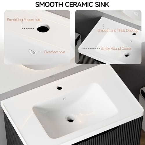 ONBRILL Modern Bathroom Vanity with Sink Combo, Curved Floating Bath Vanity with 2 Drawers, Wall Mount Bathroom Vanities with Integrated Ceramic Sink for Small Space, Apartment (Black, 32“) - color: Black, size: 32“