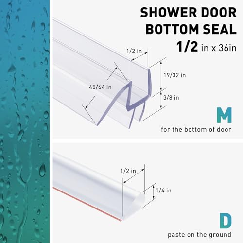 Shower Door Bottom Seal, 2 PCS 1/2"" x 36"" Shower Door Sweep for 1/2 Inch Glass, Frameless Glass Shower Door Seal Strip - Stop Shower Leaks and Create a Water Barrier, Clear - size: For 1/2" Glass