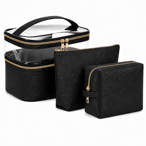 3PCS PU Leather Makeup Bag, Large Travel Cosmetic Pouch, Cute Toiletry Organizer for Women, Black - color: Black-3pc