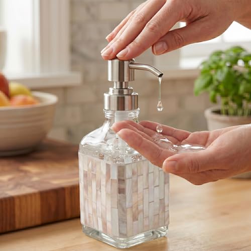 BOPPIE Handcrafted Mosaic Glass Soap Dispenser, Modern Countertop Hand & Dish Soap Dispenser for Bathroom/Kitchen, Refillable Liquid Soap Bottle with Stainless Steel Rust Proof Pump (Mosaic Block) - color: Mosaic Block
