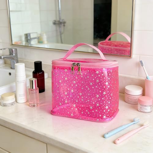 Holographic Star Print Pink Makeup Bag - Portable & Waterproof Barrel-Shaped Toiletry Bag, 8.27x6.7x6.3in Cosmetic Case for Women & Men (Pink Star) - color: Pink