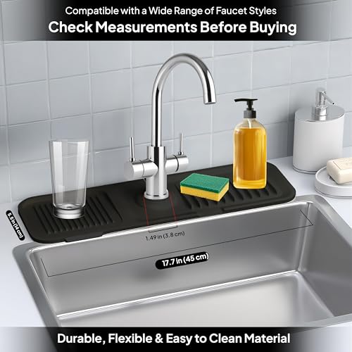 17'' Inch Kitchen Sink Faucet Mat Guard for Sink Area Durable Silicone Splash Mat Multi-Use Water Catcher Tray Fast Drying Draining Protector (Black) - color: Black, style: 17.7 Inch