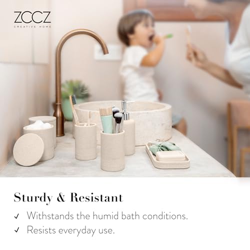 ZCCZ Beige Bathroom Accessories Set 6 Pieces - Toothbrush Holder, Lotion Dispenser, Qtip Container, Vanity Tray, Tumbler - Countertop Organizer for Bathrooms - Elegant and Functional Décor Set - color: Beige, size: 6pcs