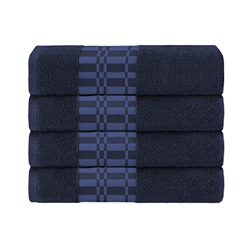 Superior 4-Piece Cotton Bath Towel Set, Geometric Design, Dobby Border, Body Towel for Bathroom, Guest Bath, Spa, Resort, Hotel, Airbnb, Home Essentials, Adult, Kids, Larissa Collection, Navy-Blue - color: Navy Blue, size: Bath Towel Set (4-pack)