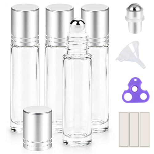 PrettyCare 4 Pack, 10 ml Essential Oil Roller Bottles with Stainless Steel Roller Ball - Refillable Leak-proof Empty Thick Clear Glass Roll on Bottles with Silver Caps for Travel, Perfume - color: Frosted with Silver Cap, size: 4 Pack