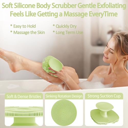Soft Silicone Body Scrubber, Gentle Like a Hand Exfoliating Your Skin and Build Up Lather Easily, Back Large Suction Cup Easy to Store, Long-Lasting & Deep Clean (Green) - color: Green