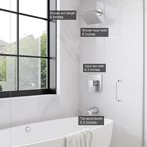 Esnbia Shower Tub Kit, Tub and Shower Faucet Set（Valve Included) with 6-Inch Rain Shower Head and Tub Spout, Single-Handle Tub and Shower Trim Kit,Brushed Nickel - color: Brushed Nickel, style: with tub spout