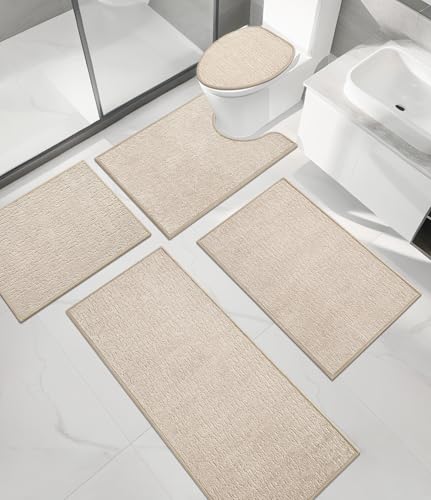 chakme Bathroom Rug Sets 5 Piece, Ultra Thin Bath Mat Quick Dry Bath Mat, Absorbent Bath Mats for Bathroom Non Slip Machine Washable, (Light Beige) - color: Light Beige, size: 5piece