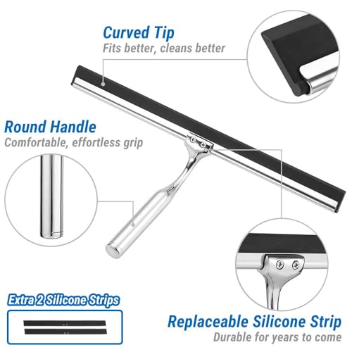 ecooe Silicone Shower Squeegee with Hanger, Shower Glass Cleaner Wiper, Black Window Squeegee Scraper with Stainless Steel Core for Home Bathroom Kitchen Car Glass Doors - size: 04-Siliver 12″/31cm