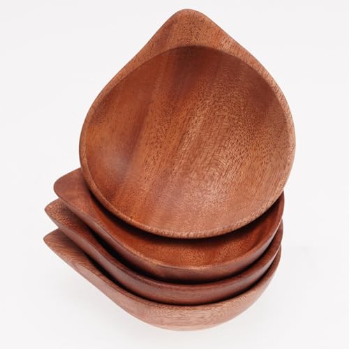 VieWood Mini Wooden Bowl Set of 4 (3.5 x 3.1 x 0.78 inch) for Condiments, Dip Sauce, Ketchup, Small Wood Bowl for Jam, little Prep, Olive (Scallop)