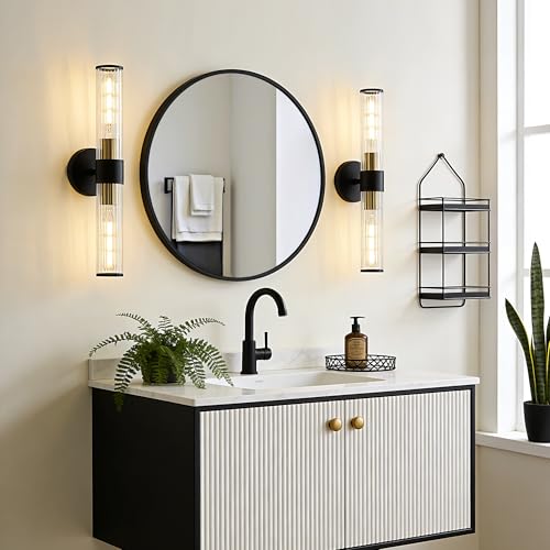 Bathroom Light Fixtures 2 Pack Hardwired, Black Gold Wall Sconce Threaded Glass Vanity Light Featuring Two E26 sockets, Bathroom Wall Light Dimmable - Bulb Not Included, UL Certification - color: Black Gold Threaded Glass-2Pack