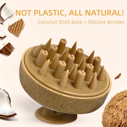 Nimiah Scalp Massager Hair Growth - Natural Coconut Shell Shampoo Brush with Dual Silicone Bristles for Dandruff Removal Stress Relax, Wet & Dry Use Scalp Scrubber for Thick Thin Curly Hair