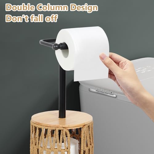Trongee Freestanding Toilet Paper Holder with Storage,3 Rolls of Boho Toilet Paper Holder Stand with Lid,Gold Toilet Tissue Holder Stand Rattan Paper Storage Wicker Toilet Roll Holder Basket - color: U-black