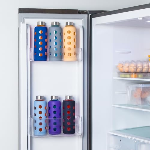Mrsdry Glass Juice Bottles with Lids and Silicone Sleeves 18 oz, 4-Pack Reusable Clear Glass Water Bottles with Stainless Steel Airtight Cap for Juicing, Refrigerator, BPA Free Leak-Proof Drinking Jar - color: Navy