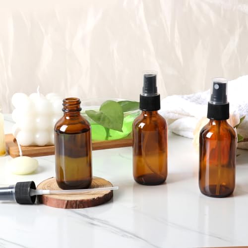 STARSIDE 24-Pack 2oz Amber Glass Spray Bottles with Fine Mist Sprayer | 60ml Glass Travel Bottles for Essential Oils, Cleaning Solutions, Perfumes & Liquids, Sample; Includes Funnels, Labels, Brush - size: M