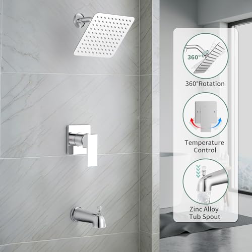 SunCleanse Tub Shower Faucet Set with Pressure Balance Valve, 8-Inch Rain Shower Head and Tub Spout, Single-Handle Shower Trim Kit, Shower Head and Handle Set for bathroom, Chrome - color: Chrome