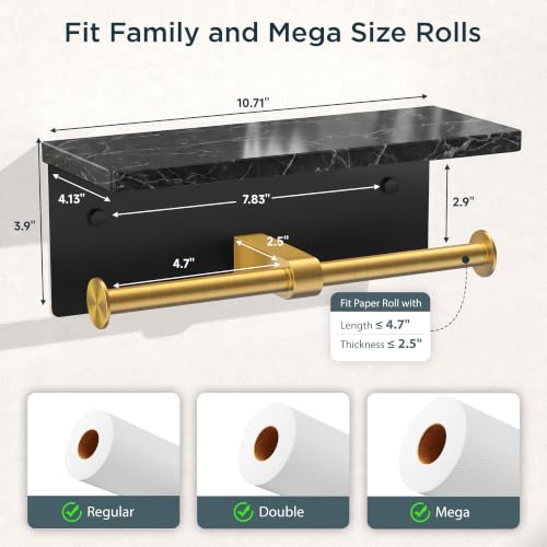 FORIOUS Double Toilet Paper Holder with Shelf, Wall Mount Tissue Roll Holder for Bathroom, 304 Stainless Steel Commercial Toilet Tissue Dispensers with Phone Shelf (1, Black & Gold-Marble) - color: Black & Gold-marble
