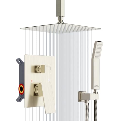 SunCleanse Rainfall Shower Faucet Set Brushed Nickel Shower Combo Set for Bathroom with High Pressure 10 inch Shower Head with Handheld Shower Valves Shower Head and Handheld Ceiling Mounted - color: Brushed Nickel, style: 10-ceiling