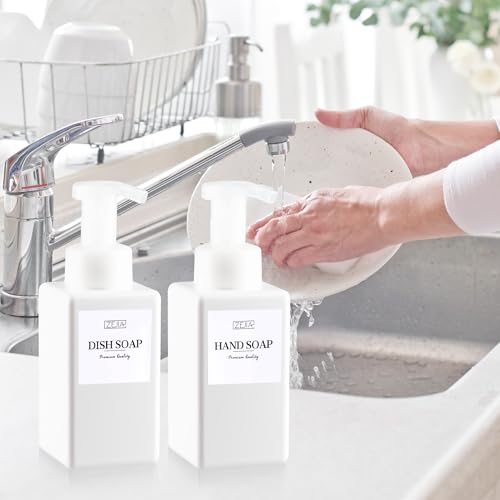 15OZ Foaming Soap Dispenser, 2-Pack Plastic Hand Soap Dispenser, Refillable Leakproof Foam Pump Bottle with Waterproof Labels, for Shampoo, Body Wash - color: White, size: 450ML
