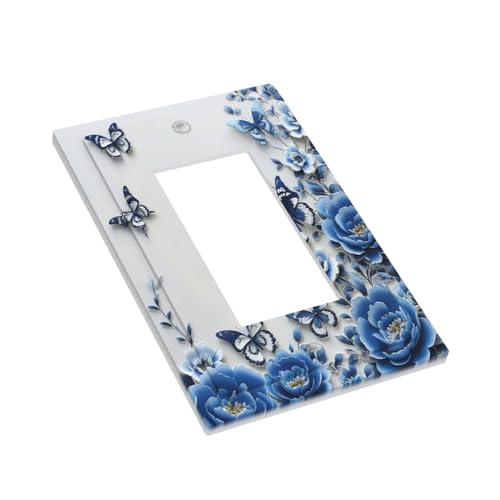 Light Switch Cover Plate Blue Peony Flowers Butterfly Vintage Floral 1 Gang Outlet Covers Single Rocker Decorative Switch plates Electrical Wall Plates GFCI Receptacle for Bathroom Bedroom Decor - color: Blue Peony Flowers Butterfly Vintage Floral, size:
