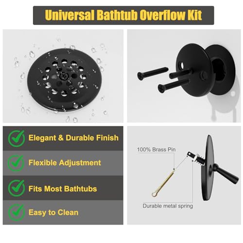 Trip Lever Tub Drain Kit, Bathtub Drains Stopper Replacement Set with Trip Lever Overflow Faceplate, Strainer, No Putty Gasket and Matching Screws (Matte Black) - color: Black Kits