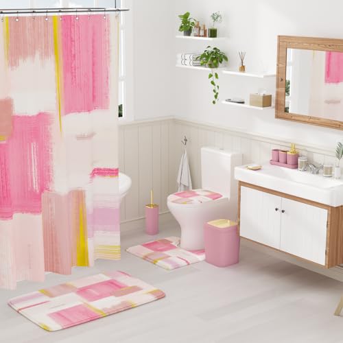 XLHOMO Bathroom Accessories Set - 25PC Bathroom Set with Shower Curtain and Rugs, Pink Bathroom Set, Bathroom Accessory Set with Press-on Lid Trash Can, Soap Dispenser and Qtip Holders - color: Pink & Gold, size: Plaid Complete Set + Bath Rugs
