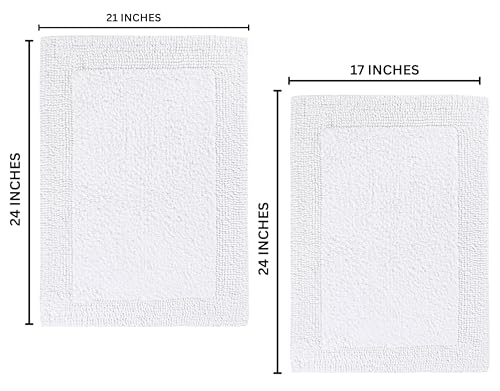 Bedding Craft Cotton Bathroom Mat Set, Reversible Water Absorbent Bath Mat Rug, Machine Washable, 2 Pieces (17x24 + 21x34) - color: White, size: 1'5" x 2' + 1'9" x 2'10" (Rectangular)