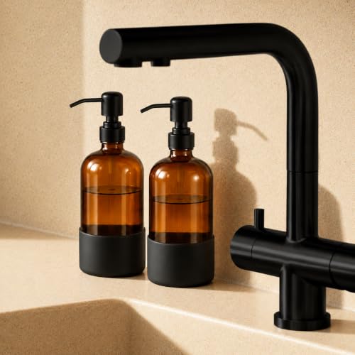 16 oz Hand and Dish Soap Dispenser Set for Kitchen and Bathroom, 500ml Amber Glass Soap Dispenser with Stainless Steel Pump, Non-Slip Silicone Sleeves, Labels - 2 Pack - color: Amber