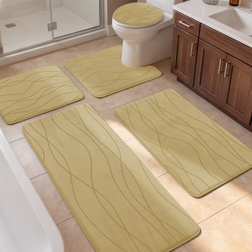 YIHOUSE Bathroom Rugs Set 5 Piece, Memory Foam Bath Mat Beige | Ultra Soft, Absorbent, Non-Slip, Machine Washable, for Bathroom, Sink and Toilet - color: Beige, size: 3'10" x 1'8" (Rectangular)