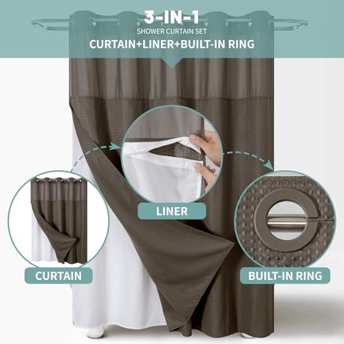 eachope Brown No Hook Waffle Weave Shower Curtain with snap-in Liner Replacement, 230GSM Waterproof Fabric Hotel Shower Curtain Set for Bathroom, Through Mesh Top Window,71Wx77H - color: Brown, size: 71"W x 77"L (Pack of 1)