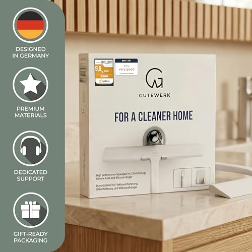 GÜTEWERK Silicone Shower Squeegee for Glass Doors & Mirrors with Stainless Steel Core, Streak-Free & No-Squeak Window Cleaning, 3-in-1 No-Drill Mount (Hook/Suction/Adhesive),White, 15 Inches - color: White, size: 15 Inches