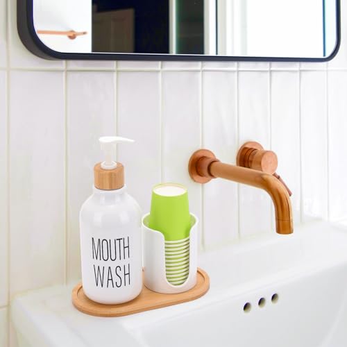 Mouthwash Dispenser with Cup Holder, Plastic White Mouth Wash Pump Bottle with Tray for Bathroom Organizers, 17oz Refillable Clear Mouthwash Container - color: Group a - White